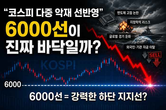 코스피 다중 악재 로 인한 6000선 하락을 표현한 것입니다.