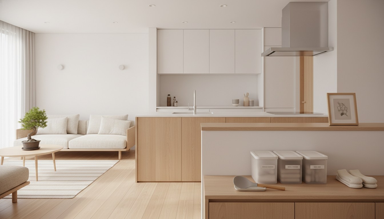 깔끔하게 정리된 미니멀리즘 스타일의 주방과 거실 풍경, 무인양품 추천 살림템