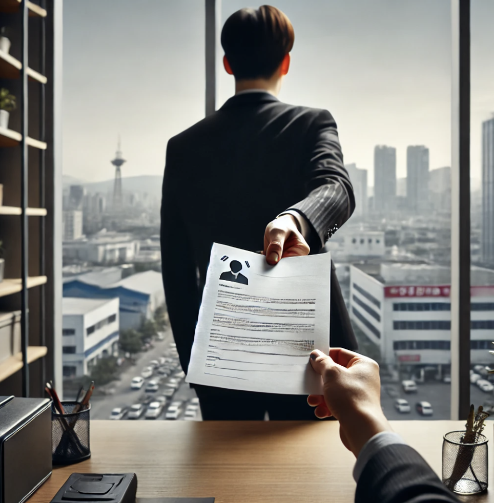 직원이 퇴사 서류를 제출하는 장면