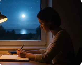 노트에 감정을 기록하며 하루를 정리하는 사람의 모습