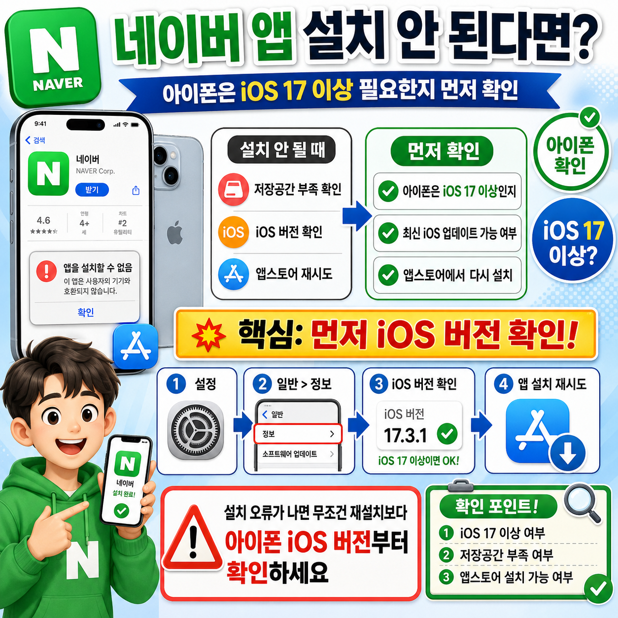 네이버 앱 설치 안 된다면? 아이폰은 iOS 17 이상 필요한지 먼저 확인