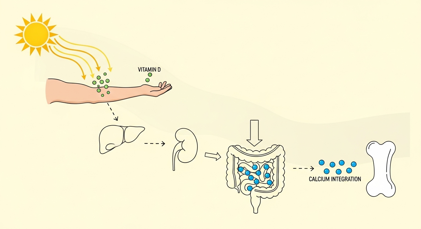 햇빛,-비타민-D-합성,-그리고-체내-칼슘-흡수-및-미네랄-균형과의-연관성을-보여주는-그림입니다.