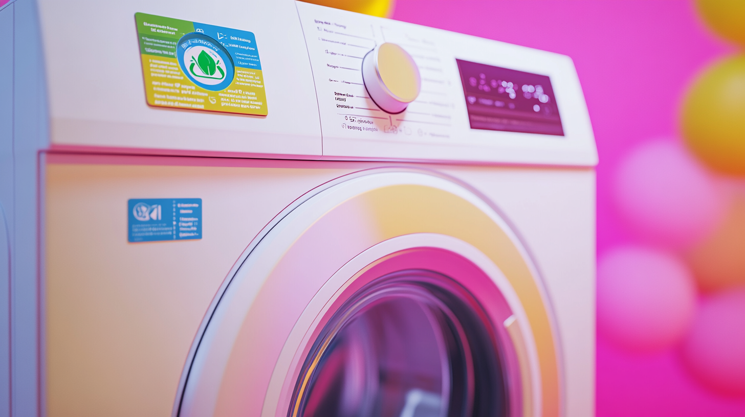 친환경 라벨과 설정을 강조한 현대적인 세탁기의 클로즈업 장면