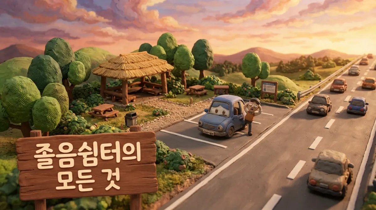 노을빛 하늘 아래 아드만 클레이 스톱모션 스타일로 표현된 현대식 졸음쉼터의 전경과 졸린 운전자가 차에서 내리는 모습의 친근한 clay 인포그래픽