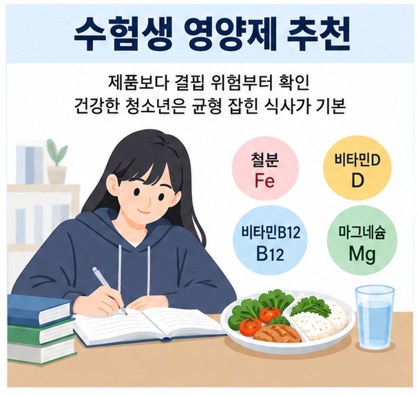 수험생 영양제 추천과 철분 비타민D 비타민B12 마그네슘을 결핍 위험 중심으로 정리한 건강 교육용 이미지