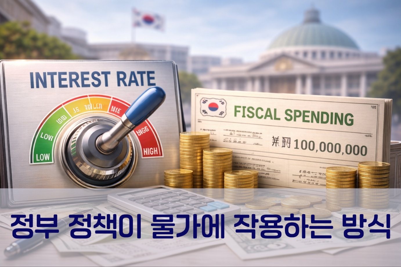정부의 금리 조정과 재정 정책을 상징하는 경제 이미지, 국회의사당 배경과 금리 조절 장치, 재정 지출 수표가 함께 보이는 장면