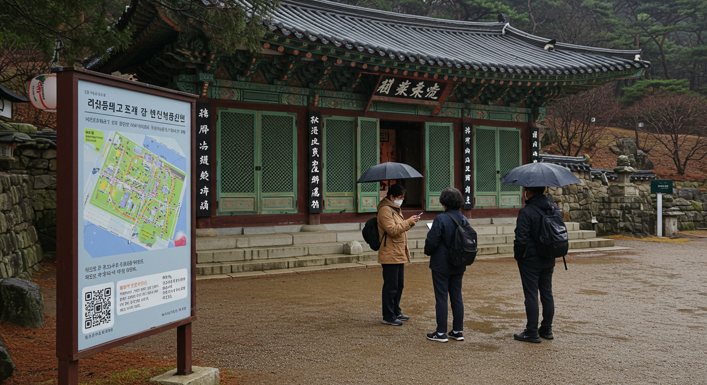 통도사 미디어아트 관람 전 유의사항을 확인하는 관람객