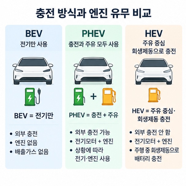순수전기차와 플러그인 하이브리드, 하이브리드의 충전 방식과 엔진 사용 차이를 보여주는 이미지