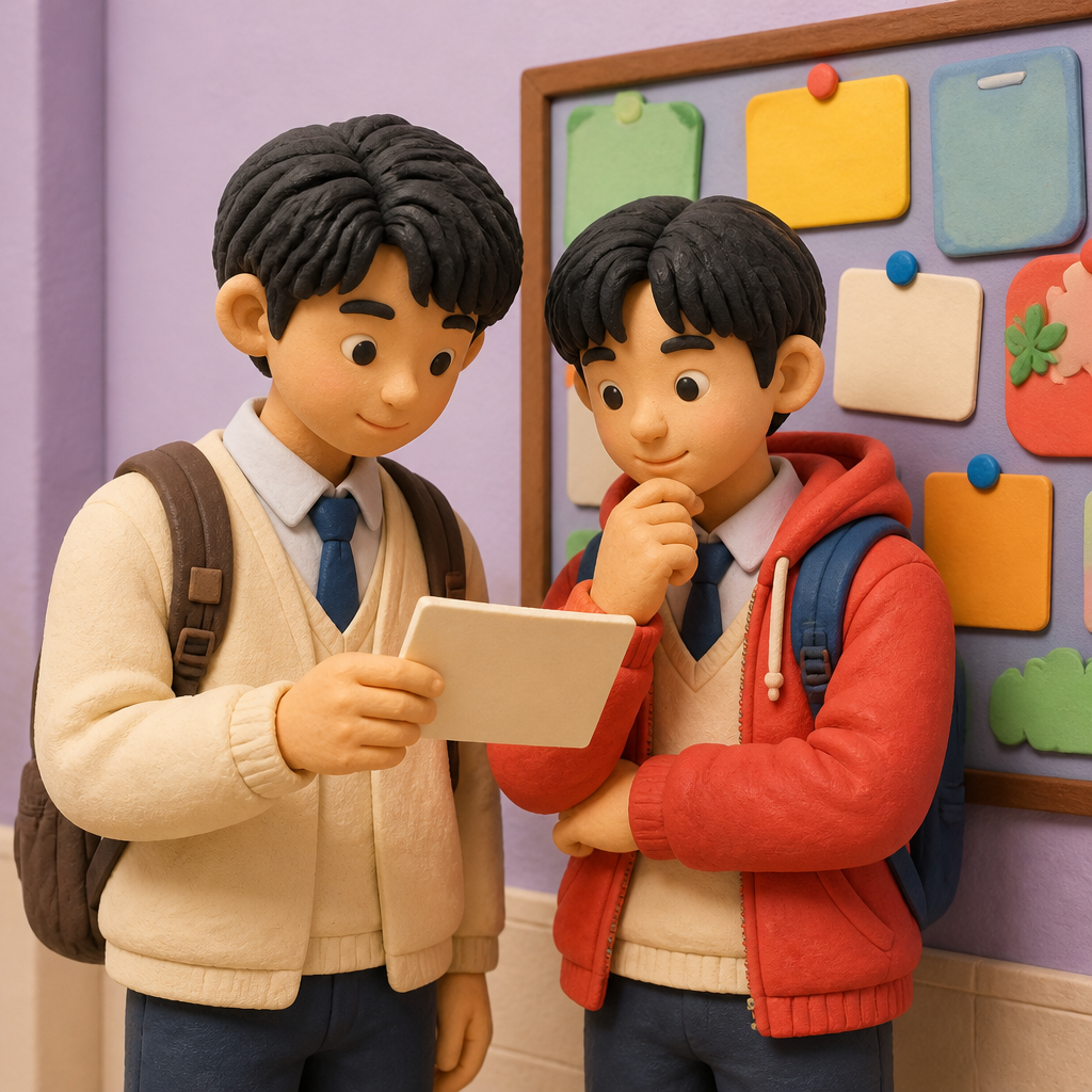 학교 복도 게시판 앞에서 맞춤법 퀴즈를 함께 푸는 10대 남학생 두 명