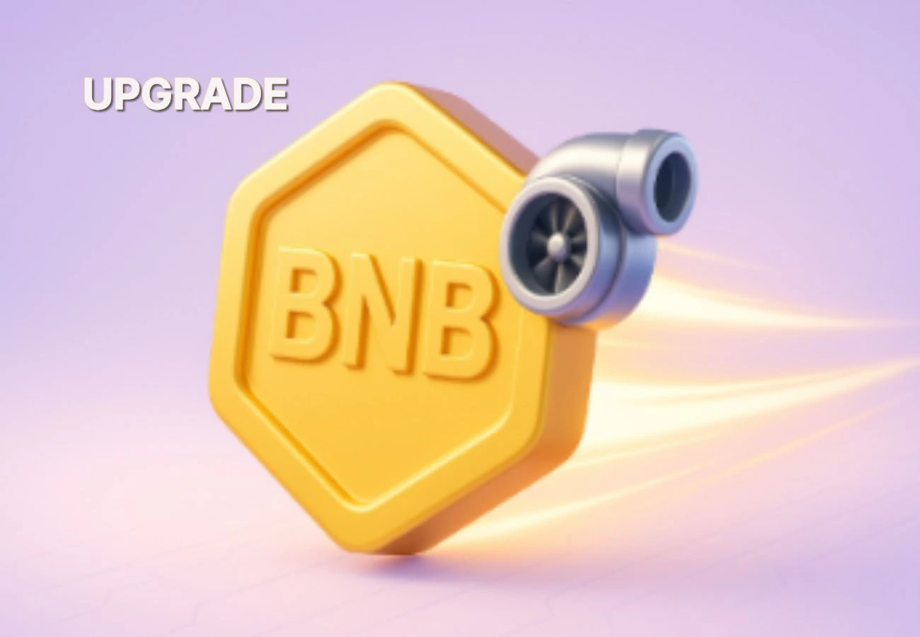 업그레이드를 상징하는 BNB 코인과 미니 터보 엔진 3D 이미지 — 좌상단 ‘UPGRADE’ 캡션 (BNB upgrade, fast chain)