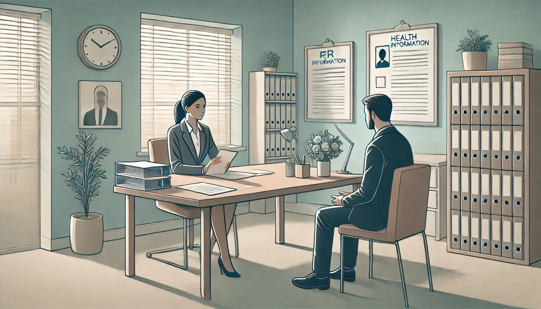 입사 지원서류를 보면서 채용을 진행하고 있는 모습(또는 질문을 하는 모습)을 시각적으로 표현한 일러스트 이미지