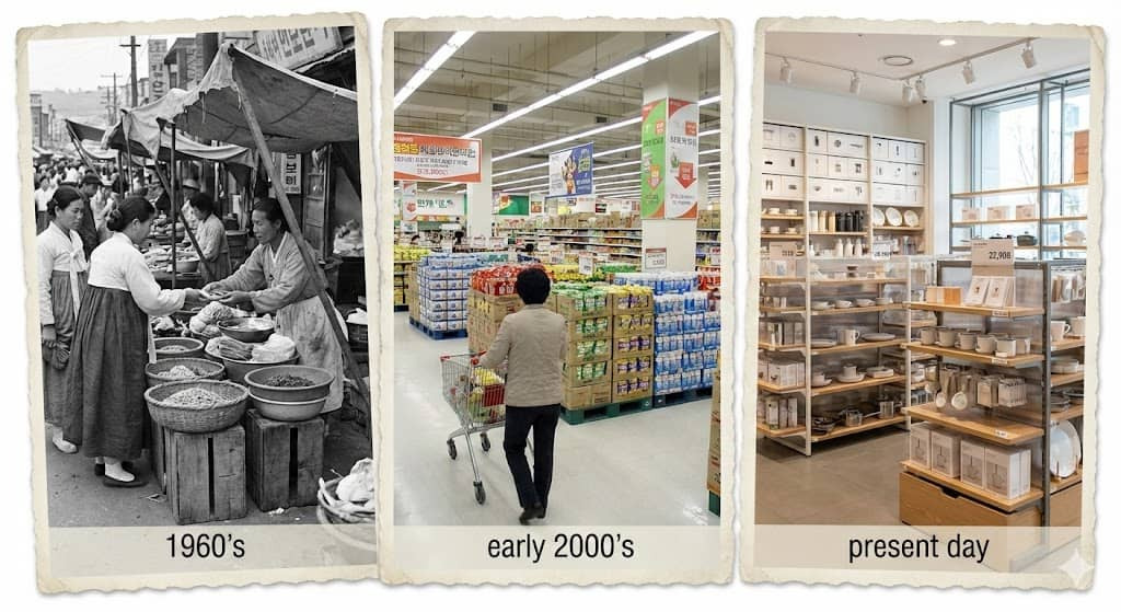 파일명: korea_distribution_history_1966_2006_2026.jpg Alt 태그: 1966년 재래시장 노점, 2006년 대형마트, 2026년 다이소 한국 유통구조 60년 변화 비교 설명: 세 시대의 대표 유통 공간을 나란히 보여주는 비교 이미지