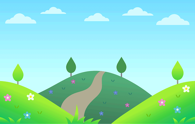 푸른 언덕 위에 초록색 나무 4그루가 각각 서 있다. 파란 하늘엔 하얀 구름들이 떠 있다.