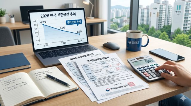 2026년 기준금리 인하 시기와 주택담보대출 갈아타기 전략을 설명하는 금융 이미지