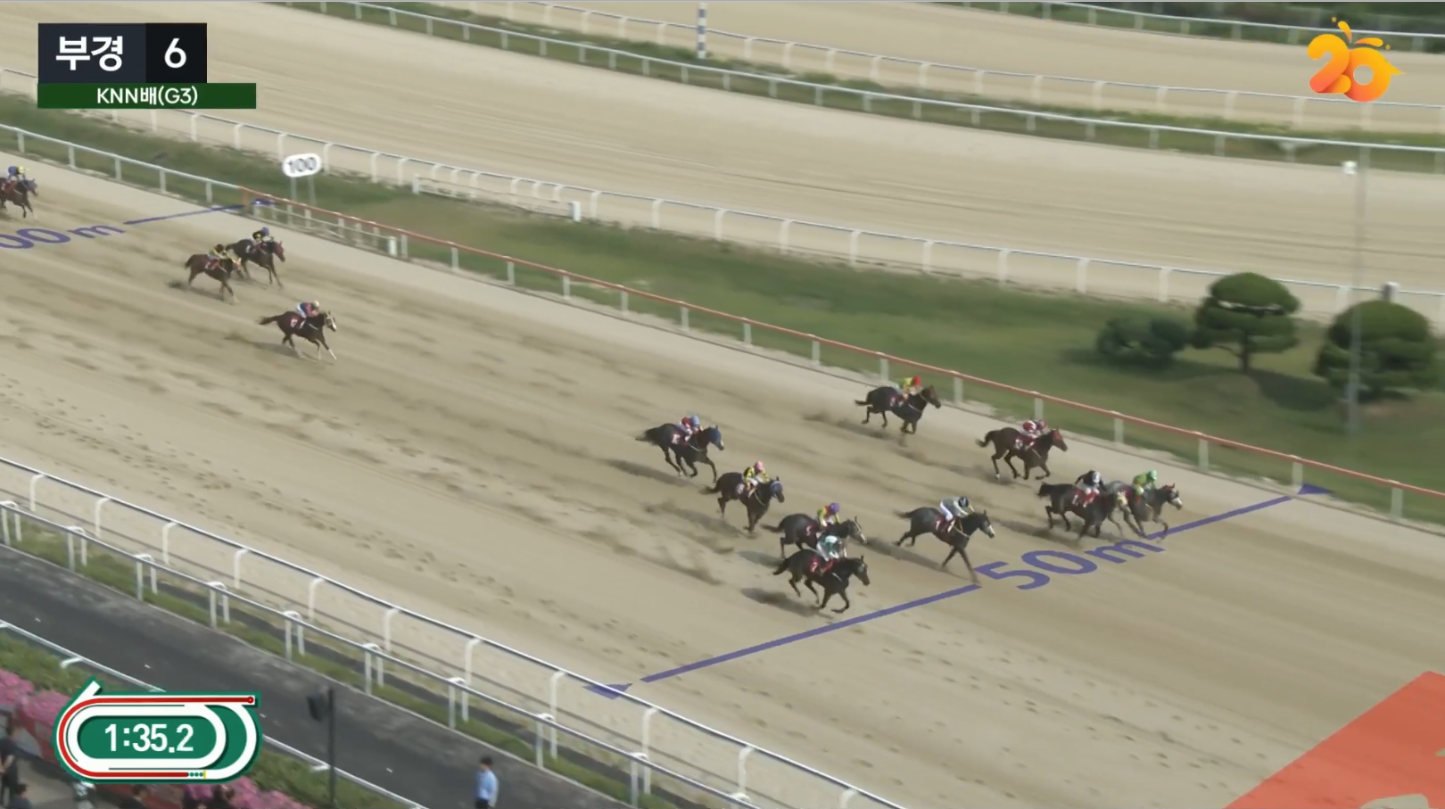 KNN배 결승선 50미터 전 중앙의 글라디우스를 추월해 선두에 나서는 안쪽의 라온포레스트와 뱅뱅뱅
