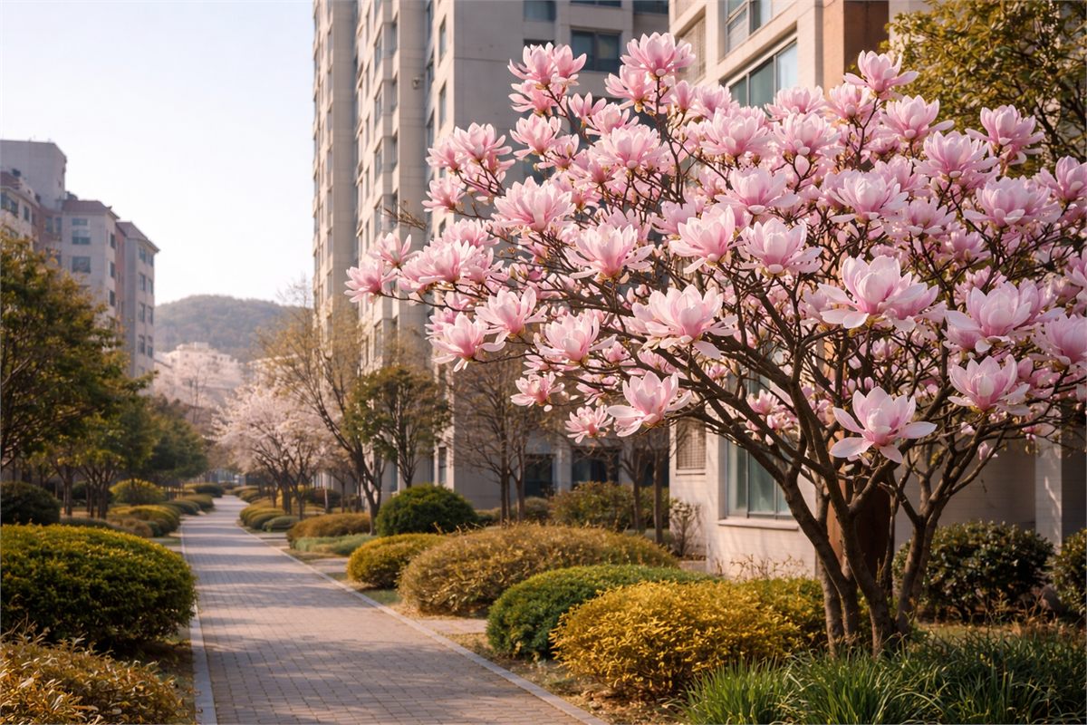한국 아파트 산책로 옆에 분홍 목련이 핀 봄 풍경