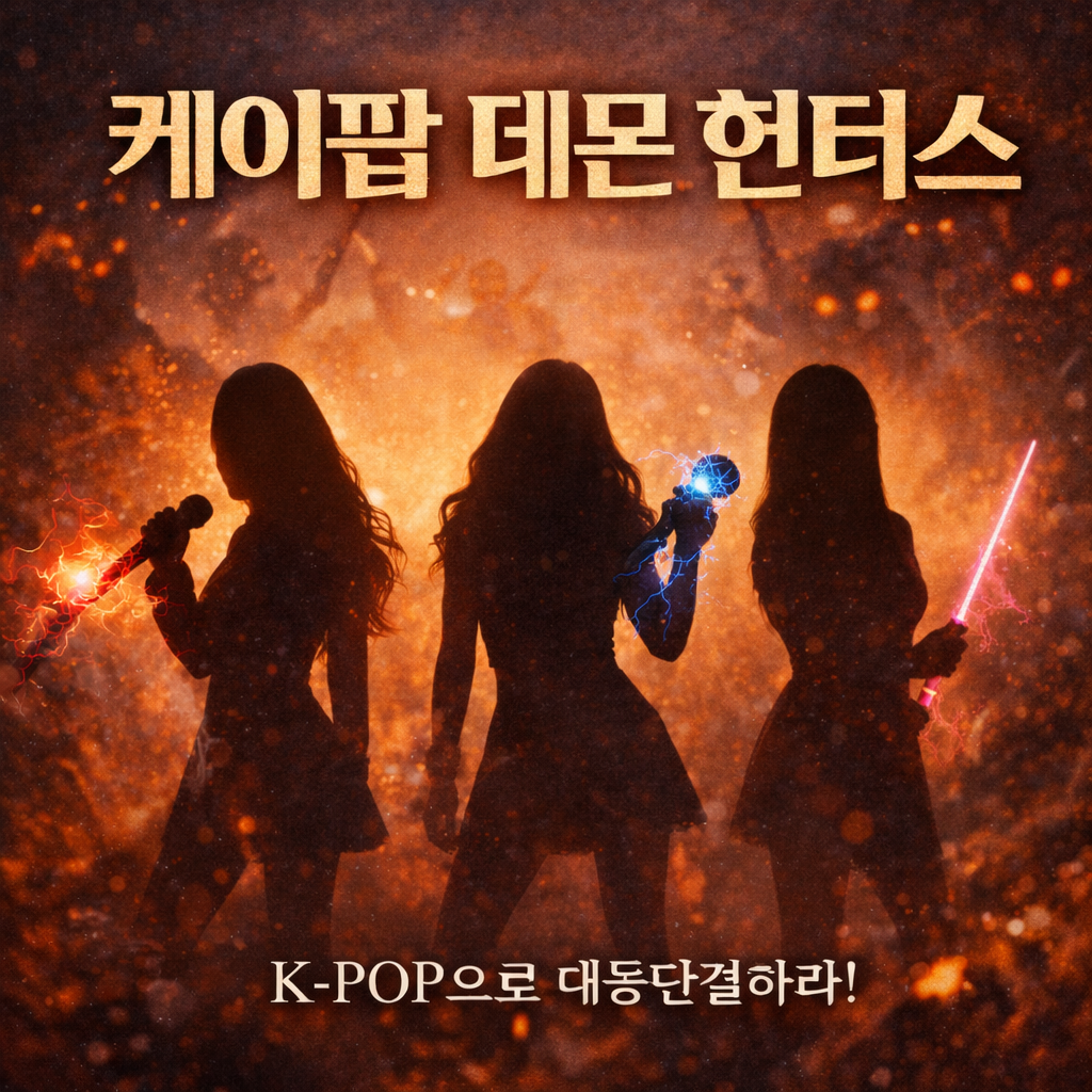 케이팝 데몬헌터스였던 주인공 3명의 실루엣 사진.
영화제목과 한줄평 문구가 삽입되어 있음.