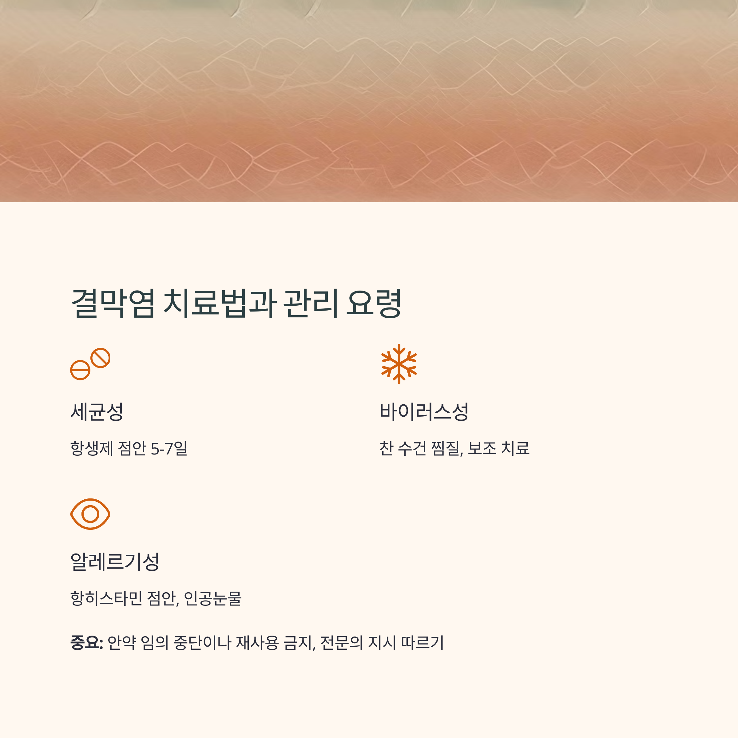 결막염의 유형별 치료법과 관리 요령을 설명하는 인포그래픽 이미지