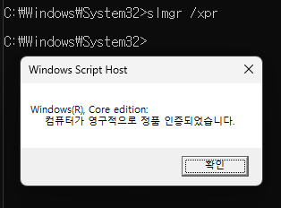 CMD 명령어를 이용한 윈도우 11 영구 정품 인증 확인 결과