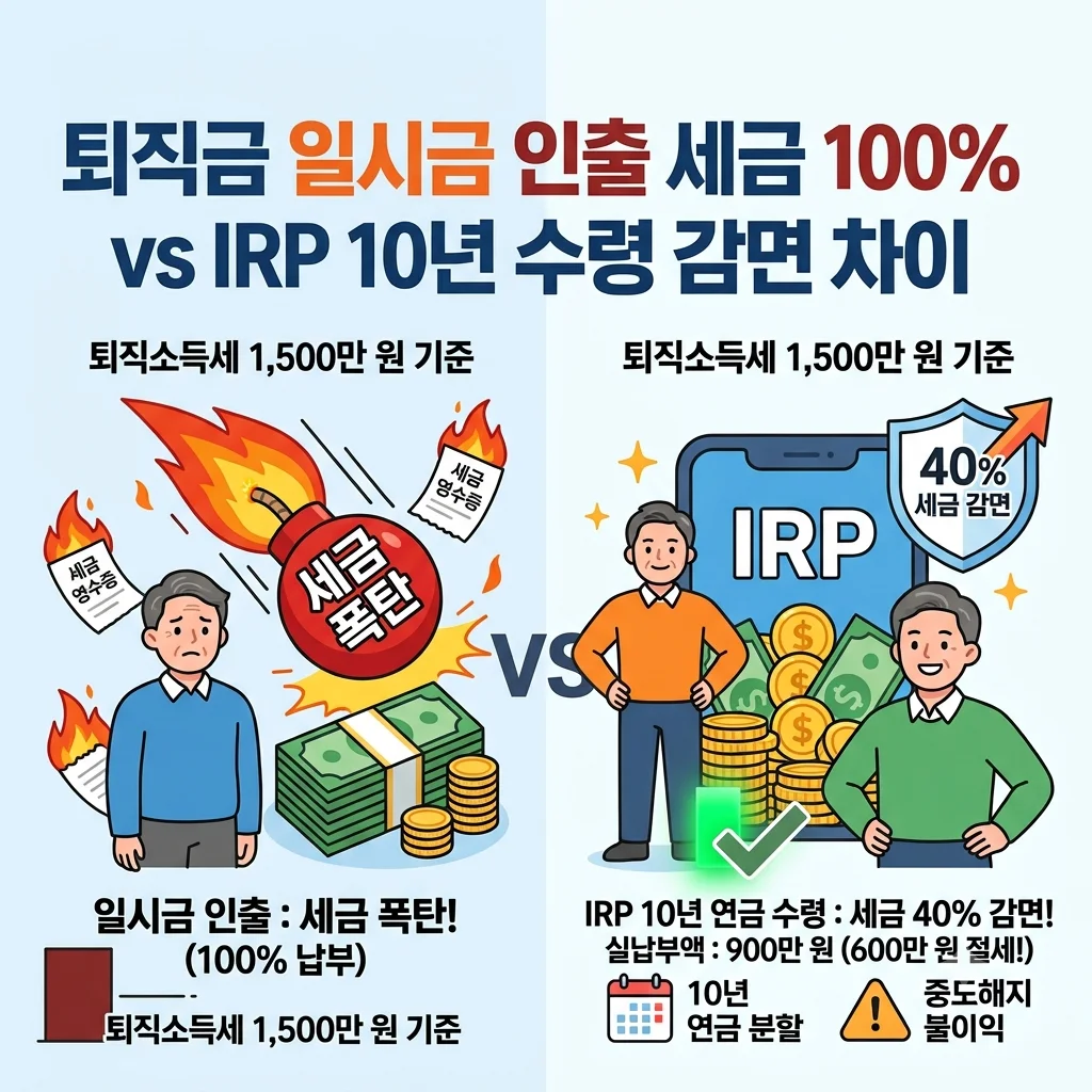 퇴직소득세 일시금 100퍼센트 원천징수와 IRP 과세이연 혜택 비교표