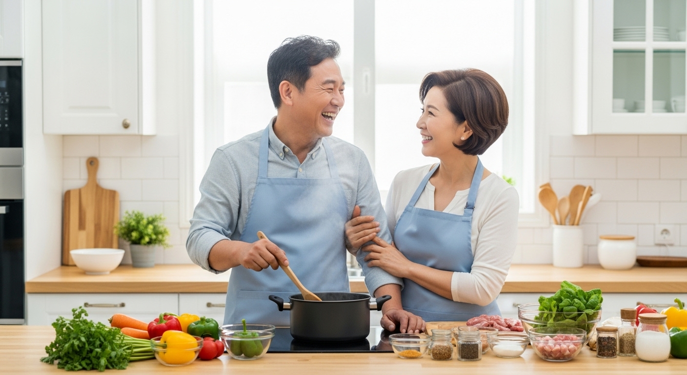 요리 수업에서 즐겁게 요리하는 중년 부부의 모습.