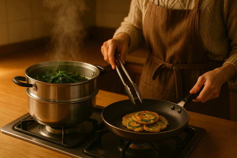 전을 굽는 대신 찜기로 나물을 데우는 모습