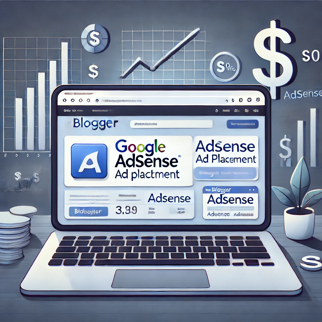 &quot;Google AdSense 광고 삽입을 설정하는 Blogger 대시보드를 보여주는 디지털 일러스트. 배경에는 수익 최적화를 상징하는 달러 기호와 성장 차트가 포함되어 있으며, 광고 수익화를 강조하는 현대적인 디자인.&quot;