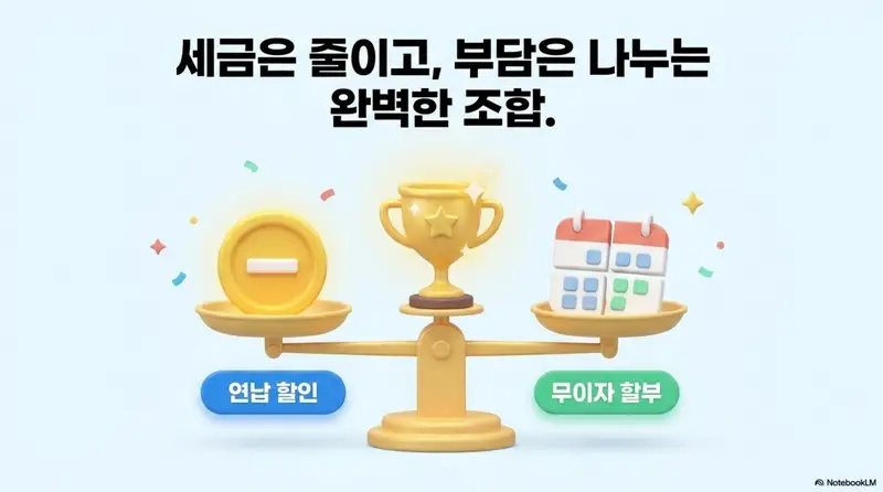 자동차세 연납: 세금은 줄이고 부담은 나누는 완벽한 조합이라는 문구가 포함된 자동차세 연납 절세 전략 안내 이미지. 저울 위에 연납 할인과 무이자 할부가 균형을 이루고 가운데 트로피가 놓여 있어 자동차세 연납 할인과 카드 무이자 할부를 동시에 활용하는 절세 전략을 시각적으로 표현한다 
