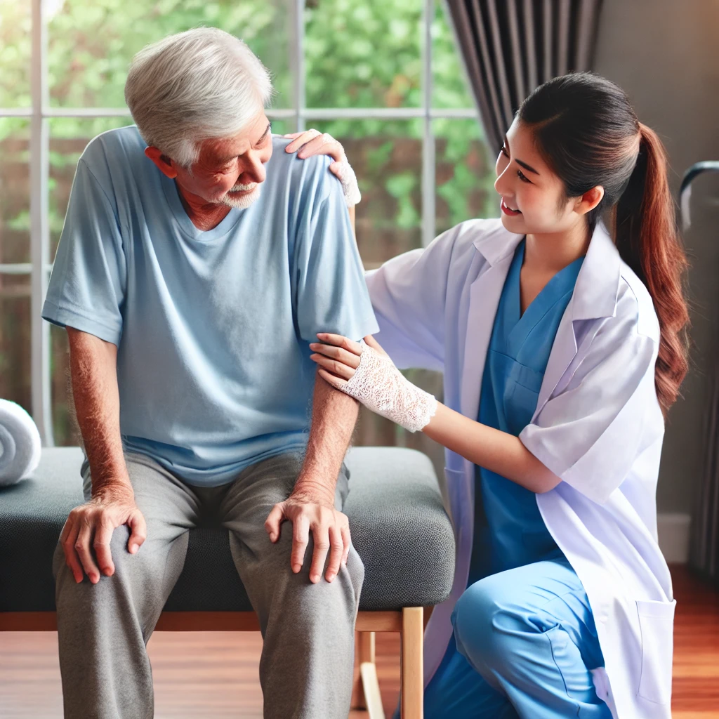 방문건강관리서비스로 건강 상담을 받고 있는 고령자 모습