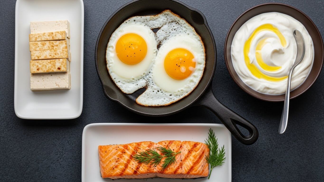 계란, 연어, 두부, 그릭요거트 등 근육 유지에 도움이 되는 고단백 식단을 상차림한 상위 뷰 음식 사진. 근감소증 예방을 위한 영양 관리 이미지.
