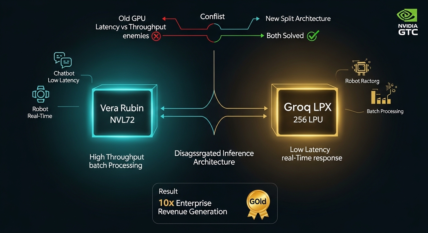 Groq LPX disaggregated inference architecture infographic 2026 NVIDIA GTC, dark deep teal background, center split architecture diagram left box Vera Rubin NVL72 labeled High Throughput batch processing teal glow large, right box Groq LPX 256 LPU labeled Low Latency real-time response gold glow, center connecting bridge labeled Disaggregated Inference Architecture bright white, below result card 10x Enterprise Revenue Generation gold badge, top conflict diagram showing old GPU single box labeled Latency vs Throughput enemies red X, new split architecture labeled Both Solved green checkmark, floating use case icons chatbot low latency robot real-time factory batch processing, professional dark sci-fi financial infographic