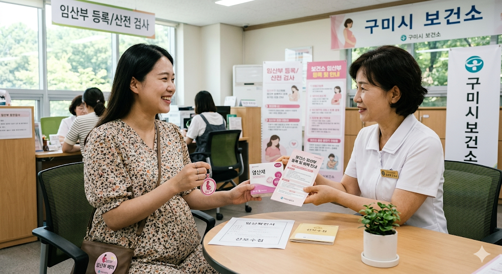 구미시 보건소에서 임산부가 보건소 직원과 상담하며 임산부 등록 및 산전검사 안내를 받고 있는 모습