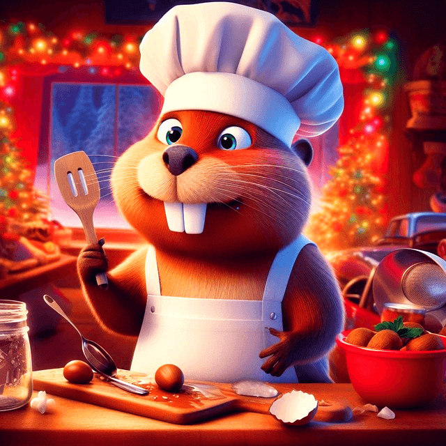 두더지 요리사가 하얀 옷을 입고 하얀 모자를 쓴채 주방에서 요리중이다.