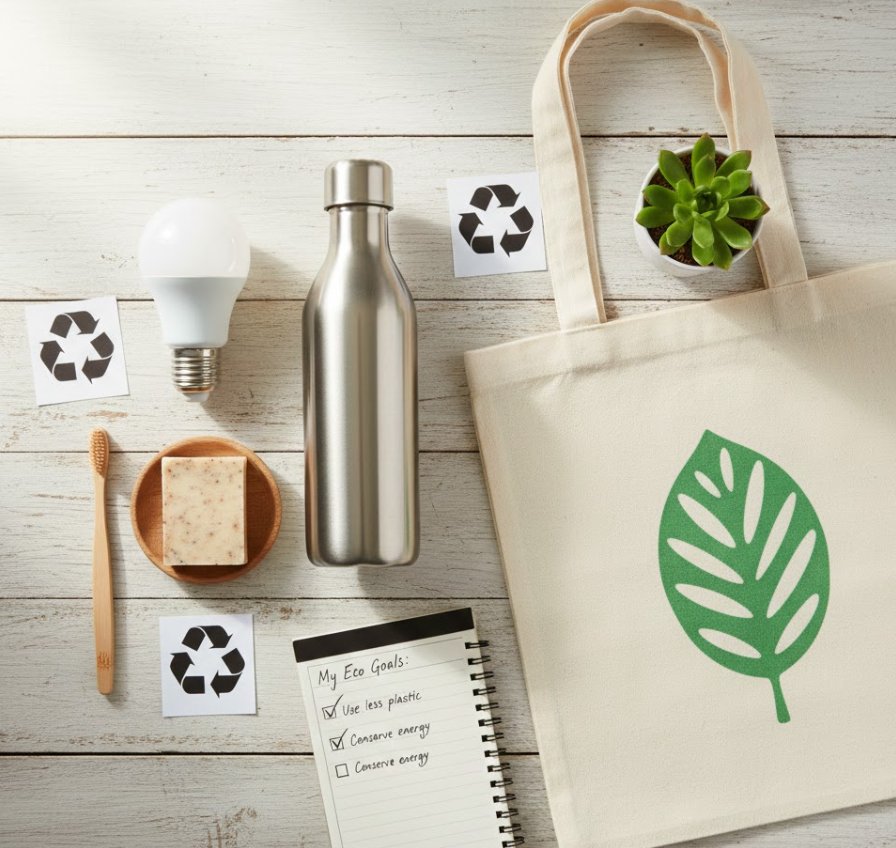 친환경 생활 습관을 실천하는 모습과 체크리스트가 함께 있는 친환경 라이프스타일 이미지