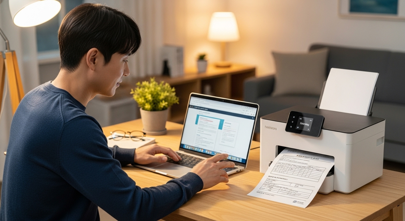 노트북과 프린터로 보건증을 인쇄하는 모습