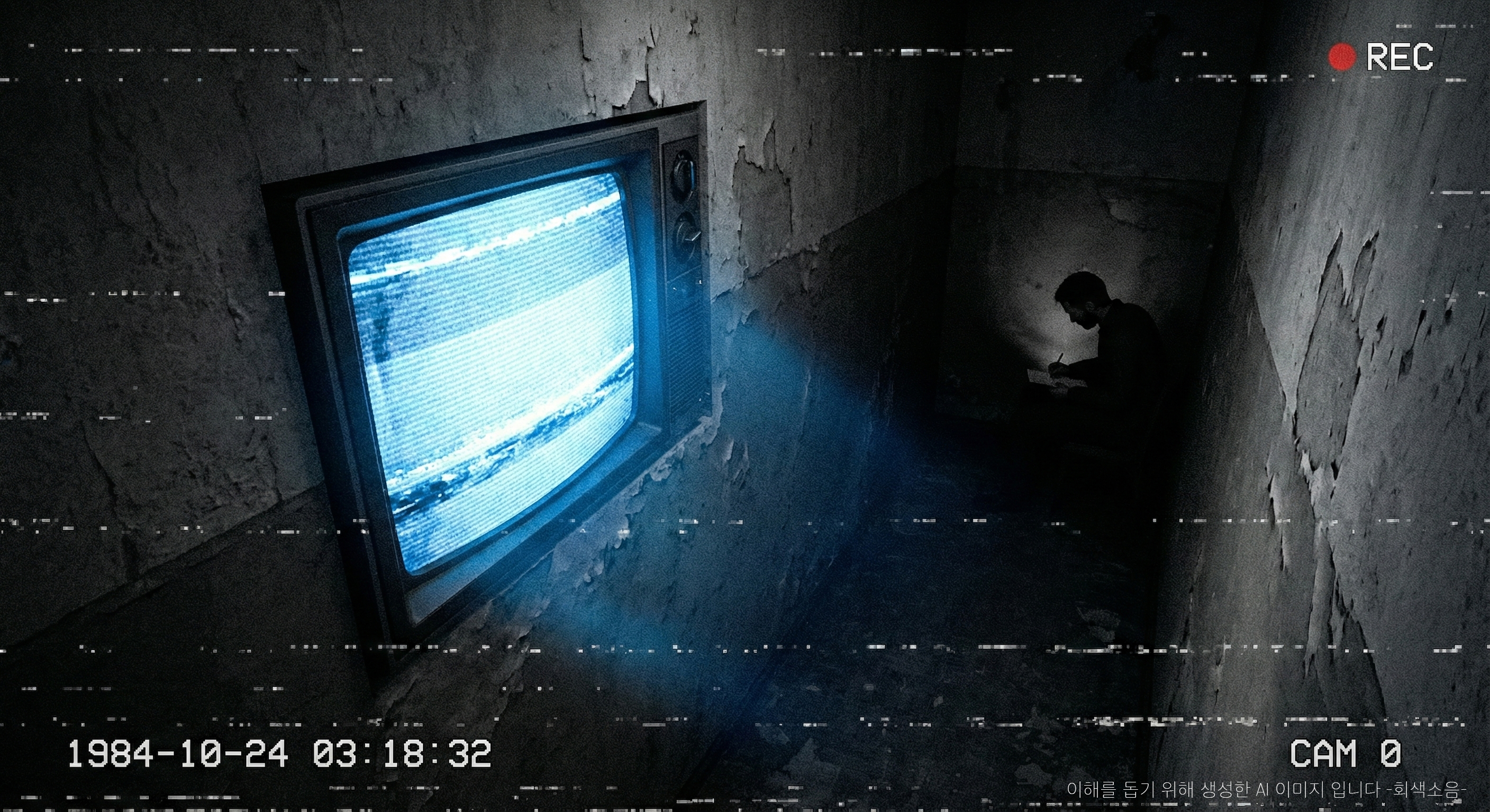 디스토피아적 런던의 낡은 방을 CCTV 시점으로 내려다보며, 차가운 푸른 모니터 빛 속에서 구석에 웅크린 인물이 글을 쓰는 음울한 장면.