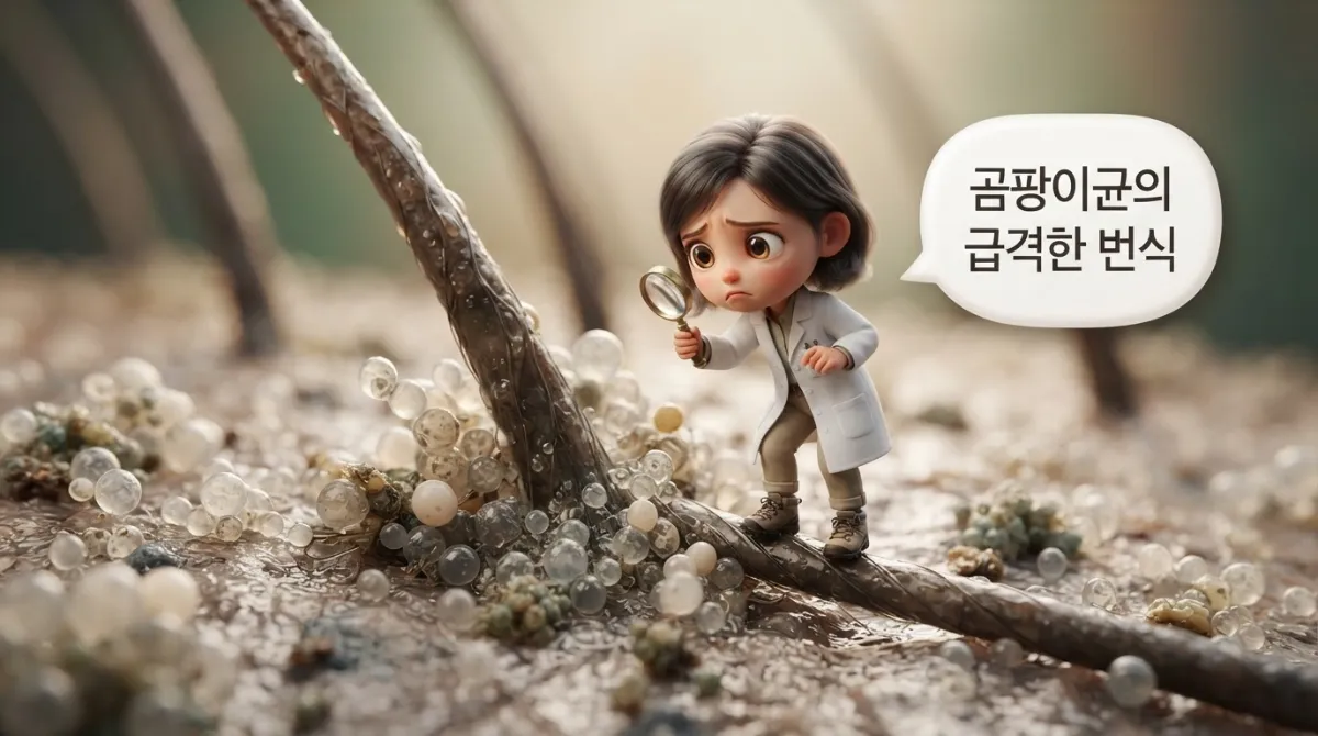 축축한 두피 환경에서 말라세지아 곰팡이균과 세균이 모공 주변으로 급격히 번식하는 것을 미니어처 캐릭터가 들여다보는 미시적 시각화 이미지