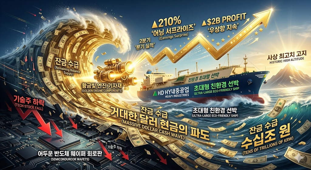 어두운 반도체 웨이퍼 회로판(하락하는 기술주 상징)의 배경이 걷히며, 그 위로 거대한 달러 현금의 파도(수십조 원의 잔금 수급)를 일으키며 사상 최고치 고지를 향해 당당하게 출항하는 'HD현대중공업 초대형 친환경 선박'과 황금빛 엔진 기자재들이 뿜어내는 압도적인 2분기 '어닝 서프라이즈(Earnings Surprise)' 우상향 그래프의 3D 하이테크 일러스트 그래픽 이미지.