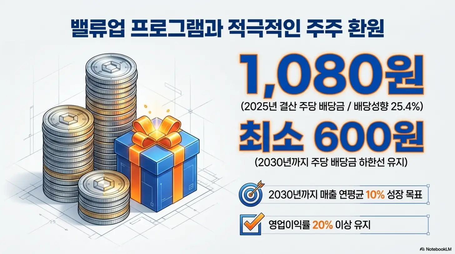 피에스케이홀딩스 주가 전망: 피에스케이홀딩스의 배당금과 밸류업 프로그램을 동전 더미와 선물 상자로 표현한 웹배너 이미지. 2025년 결산 주당 배당금 1,080원과 배당성향 25.4퍼센트, 2030년까지 주당 600원 이상 유지 및 매출 연평균 10퍼센트 성장, 영업이익률 20퍼센트 이상 목표가 표시됨. 주주환원 의지를 시각적으로 전달하며, 블로그의 배당금 주제를 설명함