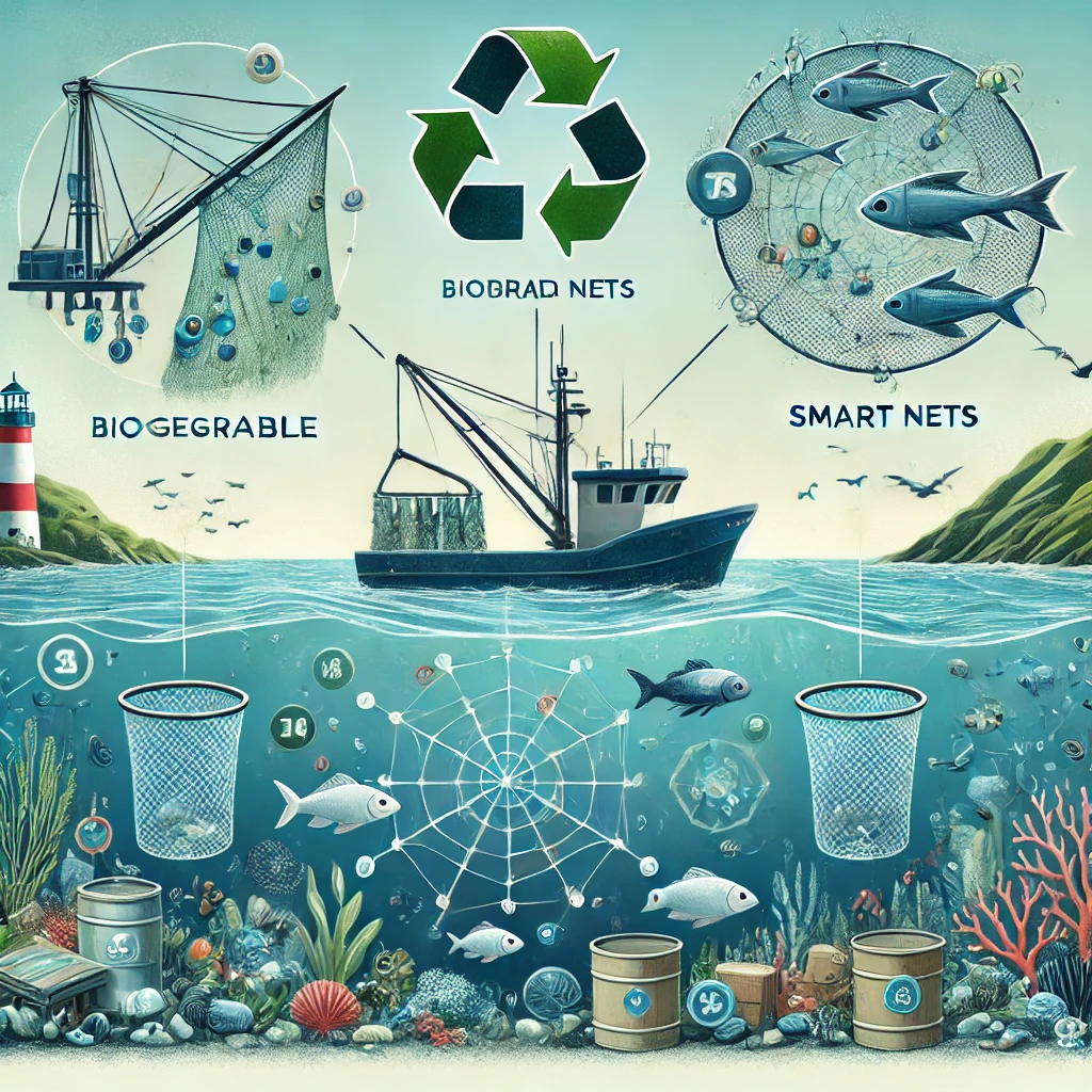 이 이미지는 해양 쓰레기 문제를 줄이기 위한 지속 가능한 어업 솔루션을 나타냅니다. 생분해성 어구, 스마트 어구 및 폐기물 수거 프로그램을 갖춘 어선이 포함되어 있으며, 깨끗한 바다와 다양한 해양 생물이 어우러져 환경 보호와 해양 오염 감소를 상징적으로 표현하고 있습니다.
