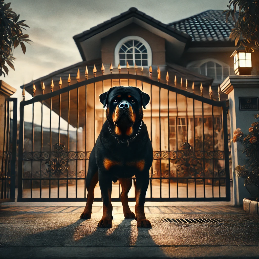 저택 대문 앞에 검은 털을 가진 맹견 로트와일러가 집을 지키는 느낌으로 서있다.