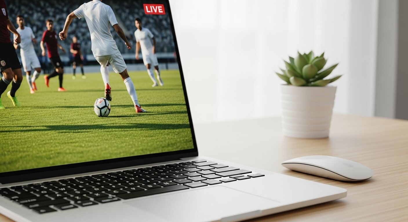 노트북 화면으로 축구 경기 생중계를 시청하는 장면