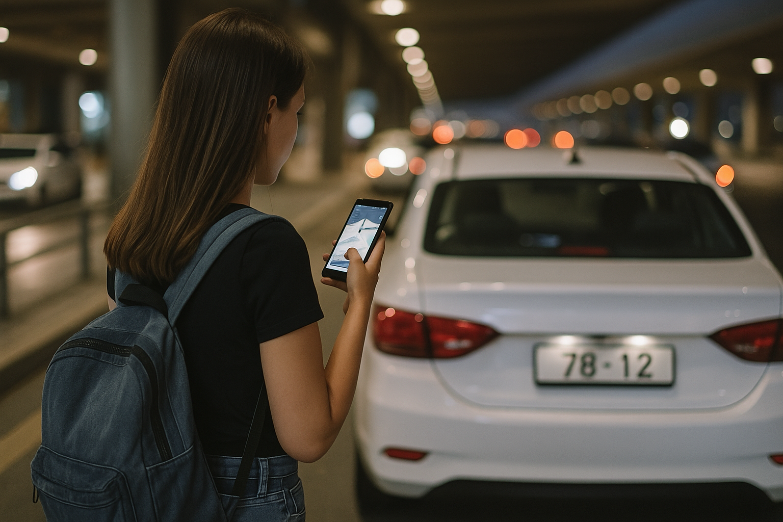 공항 탑승구 앞에서 앱 화면으로 차량 번호를 대조하는 여행자