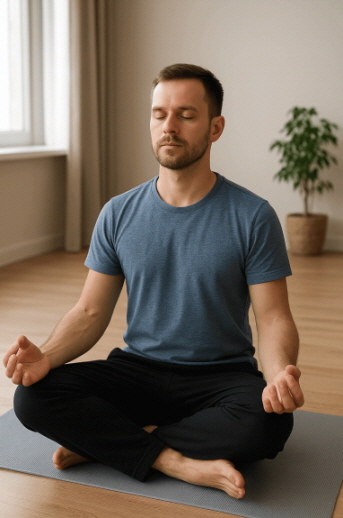 호흡과 명상으로 스트레스 관리하는 남성의 사진