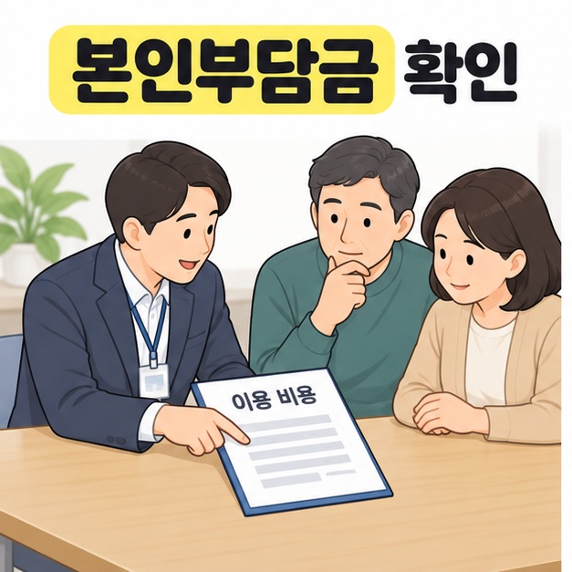 본인부담금 확인 문구 아래 가족과 상담자가 이용 비용 안내서를 함께 살펴보는 장면