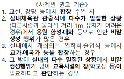 알트태그-교육뷰의 세부 지침입니다. 학교에서 마스크 착용을 권고하는 4가지 상황을 안내하는 내용입니다.