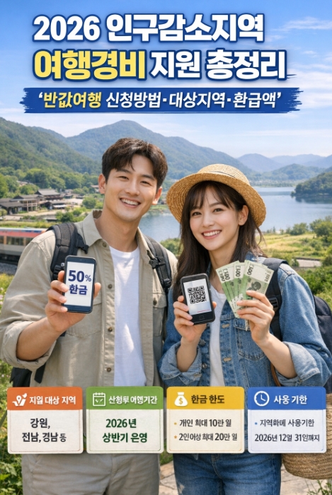 2026 인구감소지역 여행경비 지원 총정리, 반값여행 신청방법&middot;대상지역&middot;환급액 한눈에