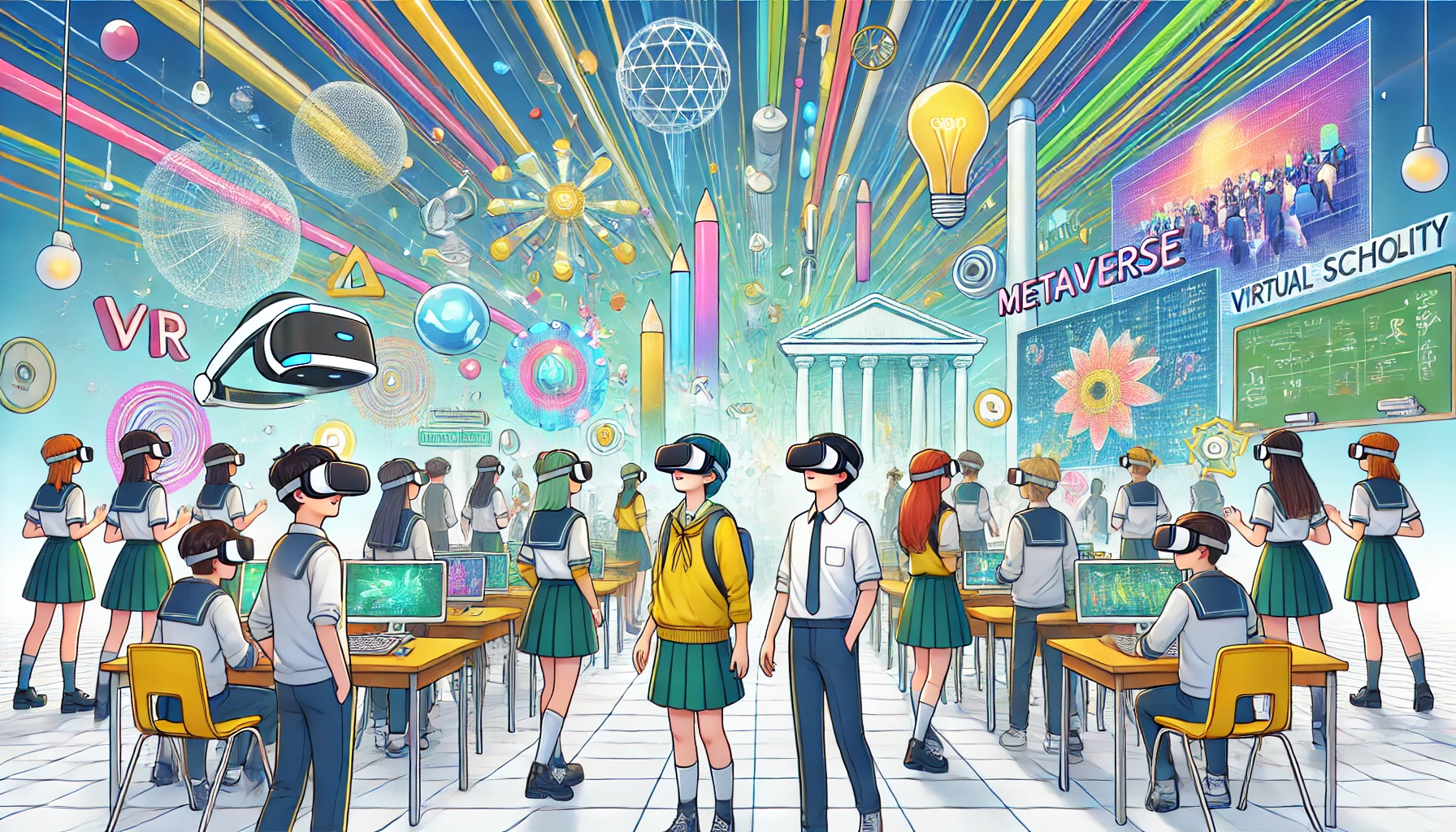 VR 헤드셋을 착용하고 메타버스 공간 속 다양한 디지털 문화 콘텐츠를 체험하는 학생들의 미래지향적이고 생동감 넘치는 모습