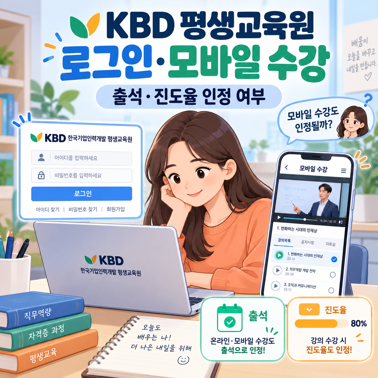 KBD 한국기업인력개발 평생교육원 로그인&middot;모바일 수강 방법, 출석&middot;진도율도 인정될까?