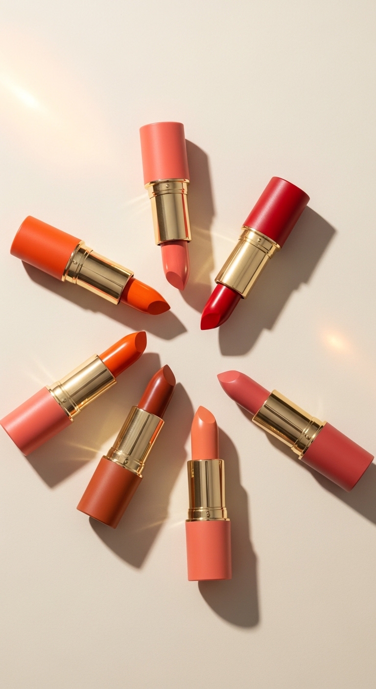 오렌지, 코랄, 칠리 레드 등 웜톤 피부에 어울리는 대표적인 립스틱 색상들을 모아놓은 이미지입니다. 따뜻하고 화사한 느낌을 강조